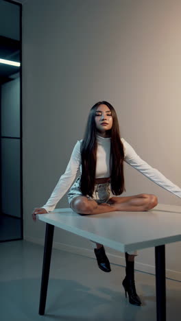 fashion model sitting on table