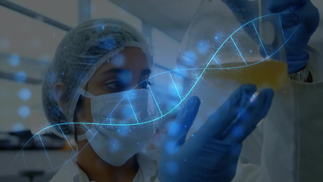 Female lab tech raising flask, checking yellow sample as DNA helix overlaying hands for test