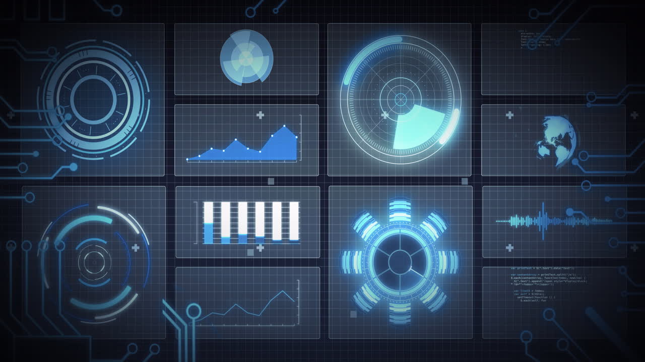 Animation of scope scanning, processor elements and data processing on screens over grid