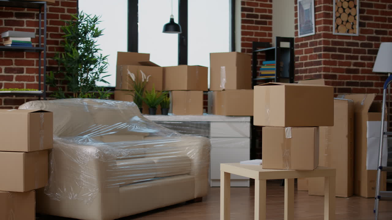 No people in living room interior to move in with carton boxes