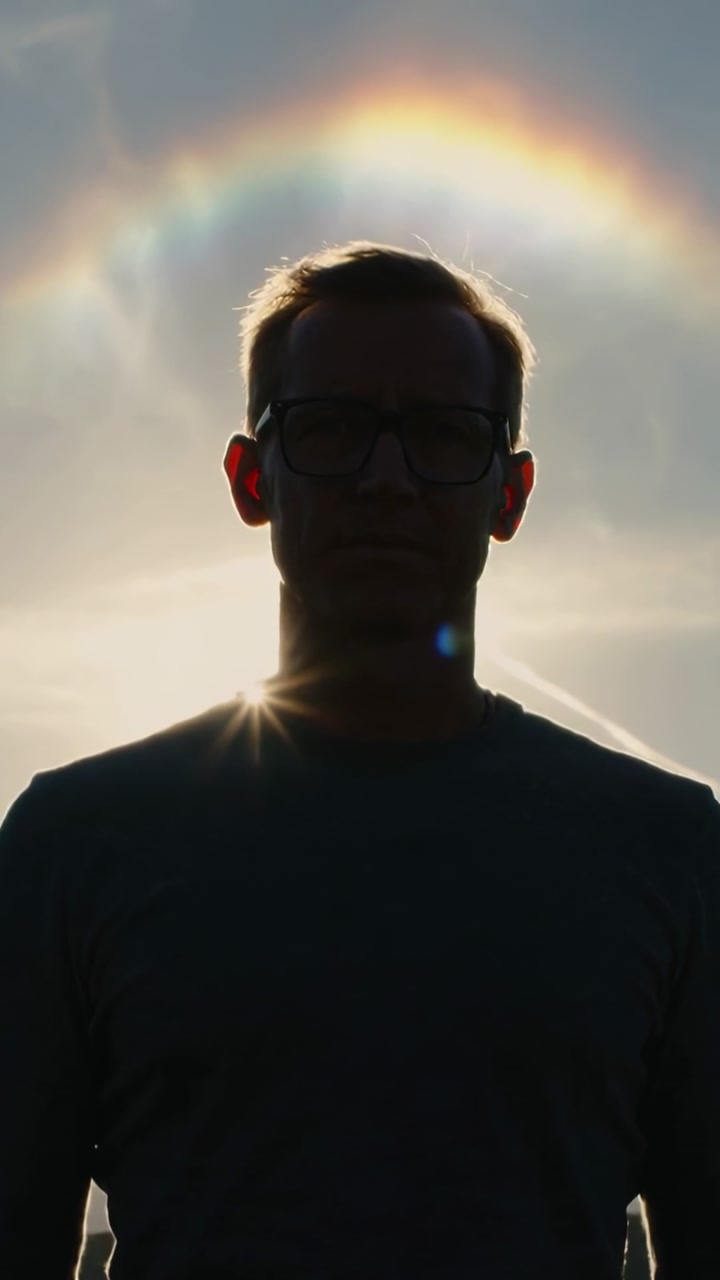 Vertical video: Posing man with glasses outdoors, sun shining behind creating starburst halo