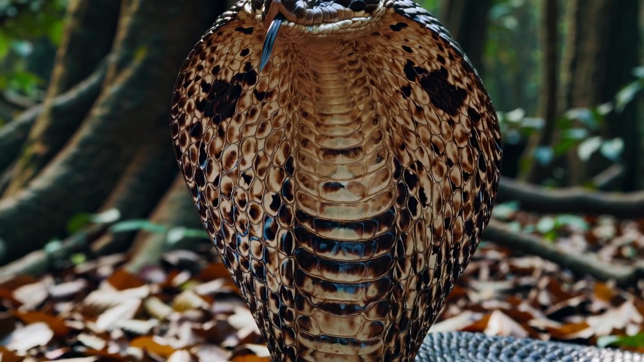 Re Cobra in allerta con il cappuccio spiegato in una foresta tropicale