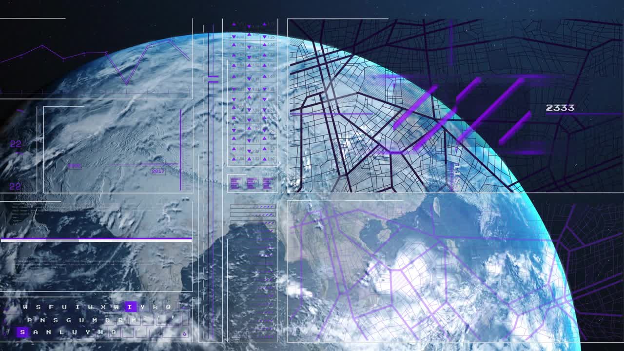 Alert starting HUD over turning globe animating panels beams sweeping path tracing fading for data