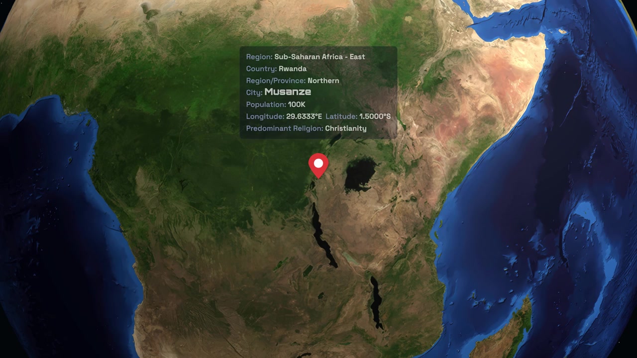 Digital animation zooms from space into Rwanda, displaying Musanze city location and regional statistics