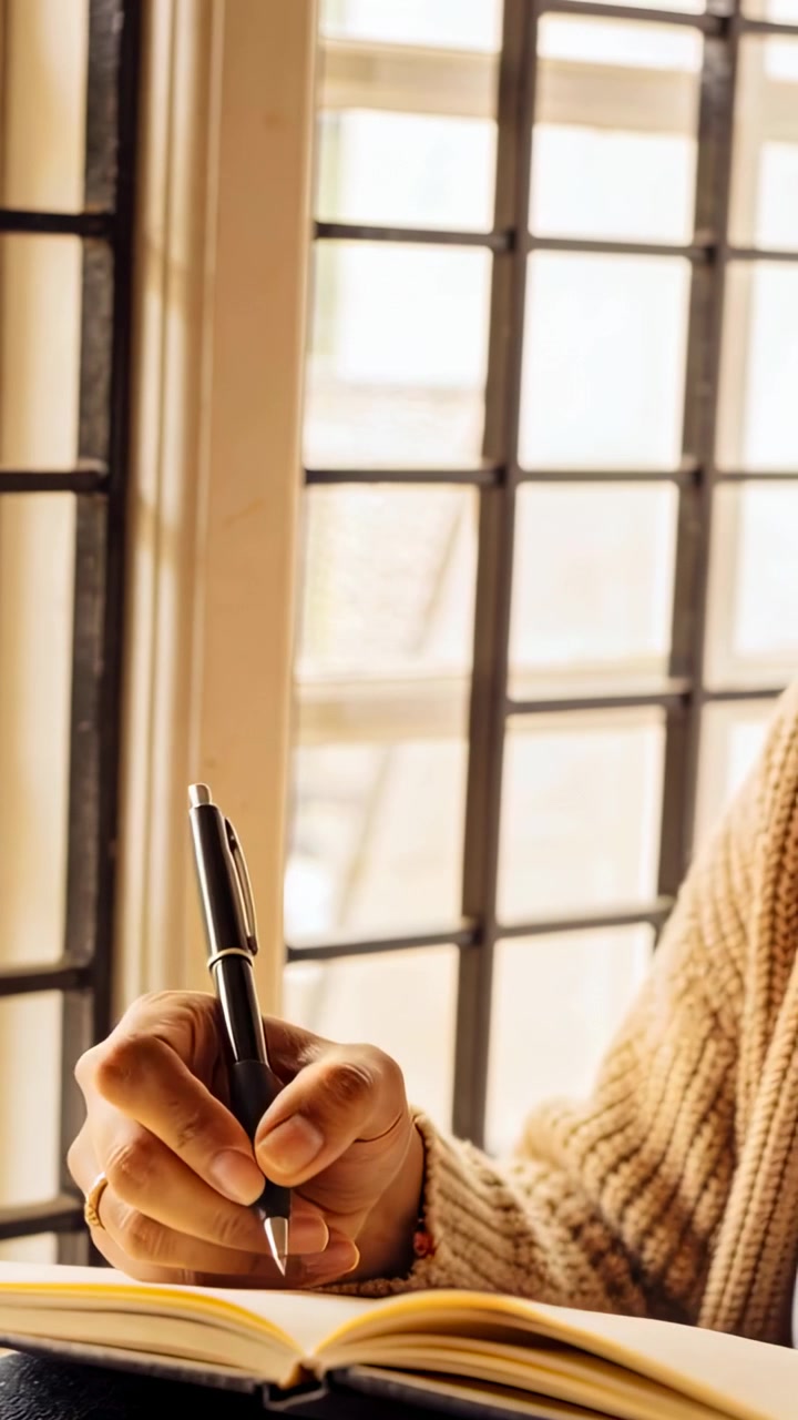 Vertical video: Notebook opening hand writing notes, pausing, rotating pen at window in beige knit