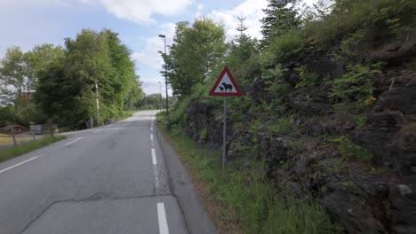 Passing Through The Sheep Warning Traffic Sign Along The Road In Norway. POV Shot