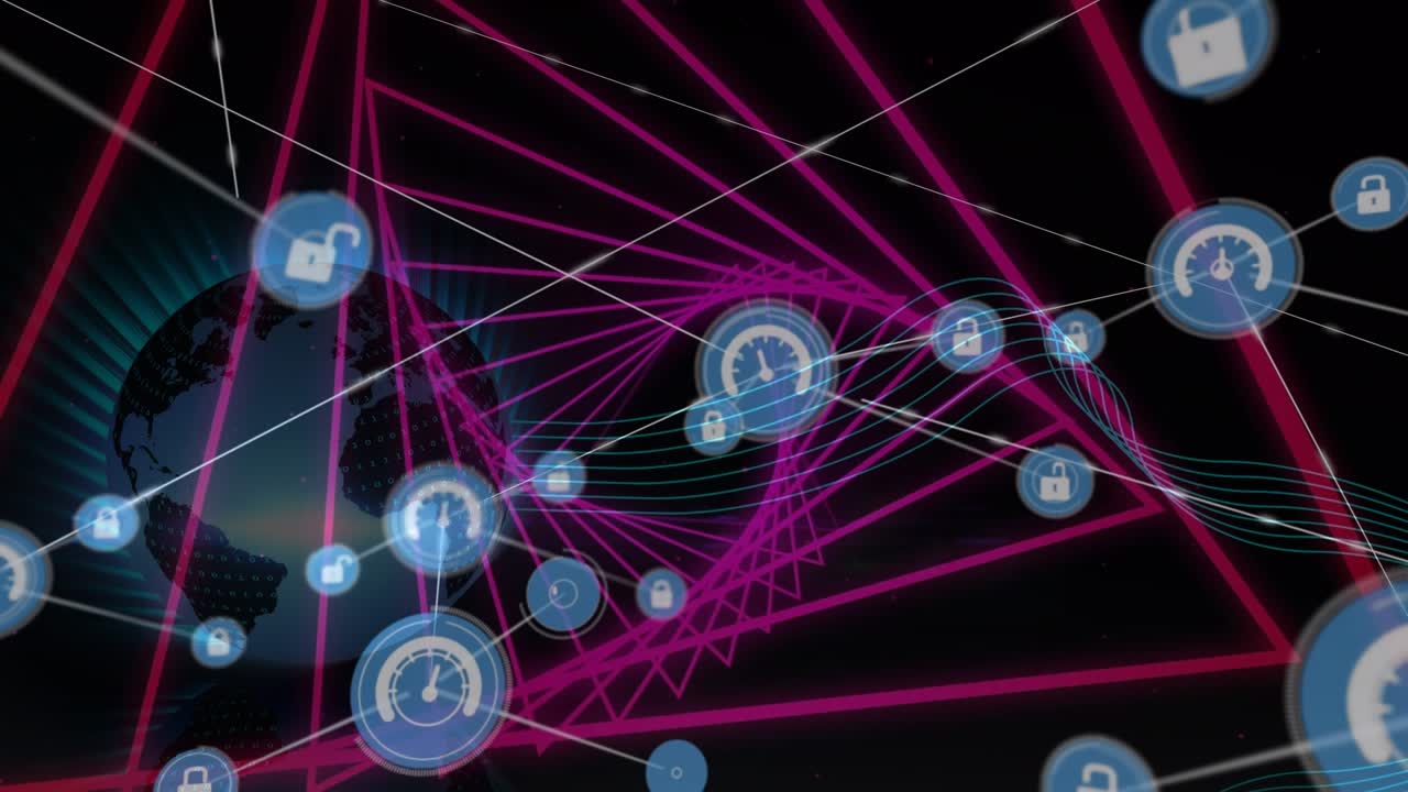 Animation af netværk af forbindelser og tunnel lavet af lyserøde linjer over sort digitalt område