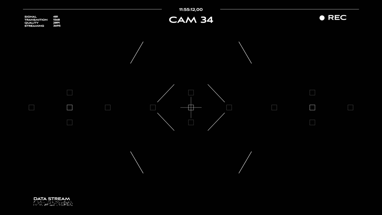 Minimalist white digital security camera interface with recording indicator and data stream. Perfect for futuristic surveillance, sci-fi tech, or security-themed video projects.