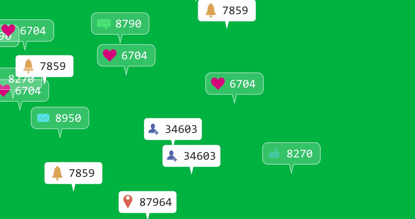 Animazione di icone di social media con numeri su banner bianchi e grigi su sfondo nero