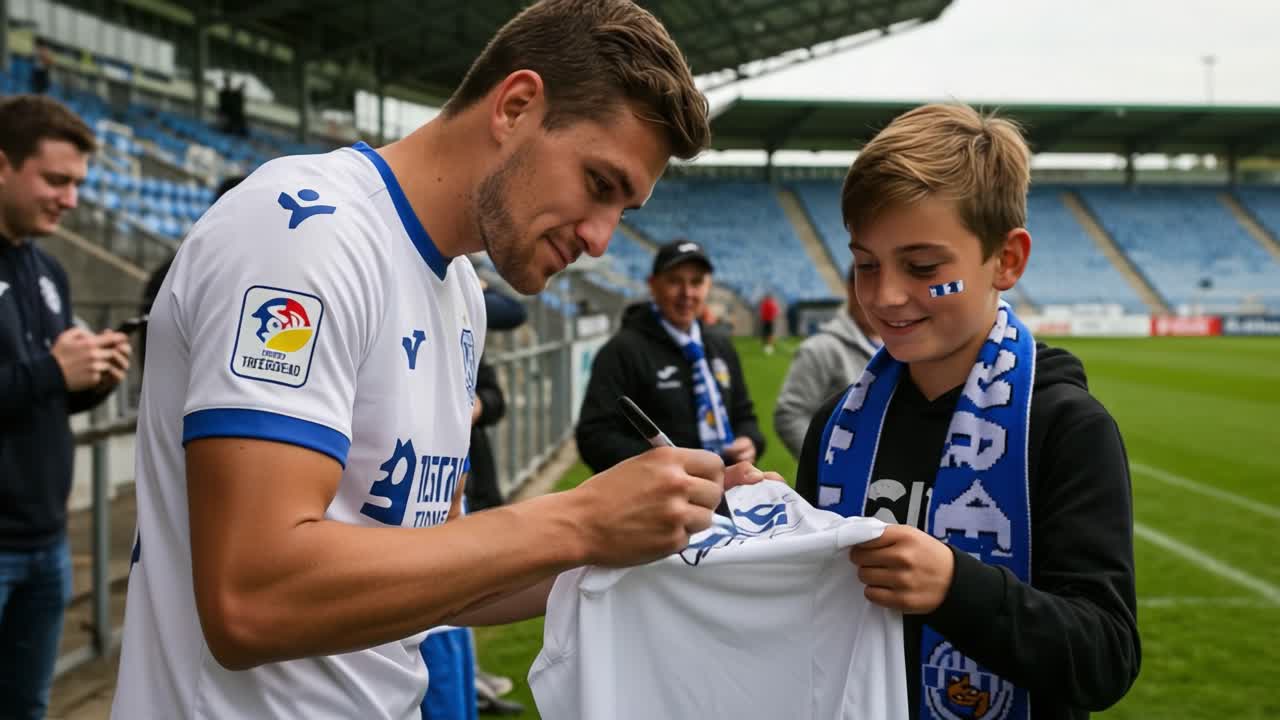 A young fan excitedly receives an autograph from a professional football player, capturing a heartwarming moment at a stadium filled with support and admiration