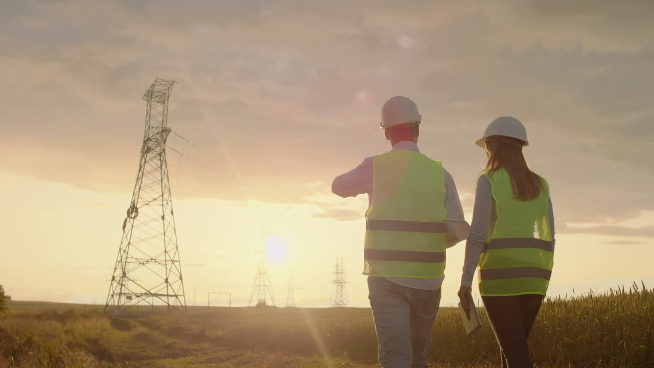 dos atrás el ingeniero y el controlador con una tableta pc y los dibujos son sobre líneas y torres de transmisión y discutir el plan de expansión y energía de transporte para pueblos y ciudades.