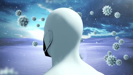 Animation-of-covid-19-cells-moving-over-human-head-with-face-mask-spinning-on-winter-scenery