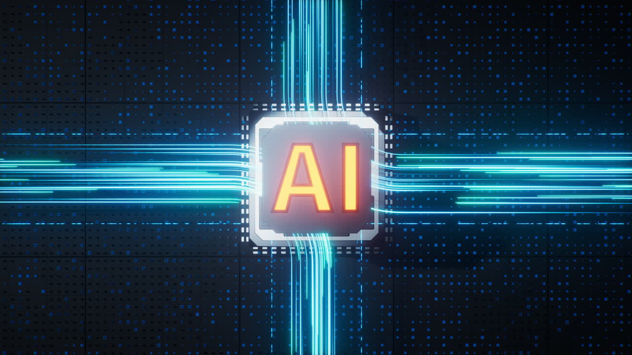 Circuit board and core with artificial intelligence concept, 3d rendering