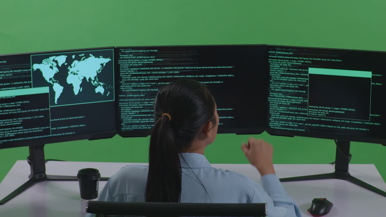 Back View Of Tired Asian Woman Developer Yawning Before Sleeping While Write Code With Multiple Computer Screens In Green Screen Studio
