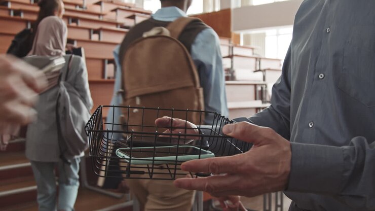 Professor Holding Basket where Students Put their Smartphones