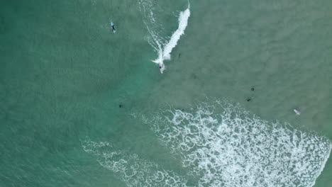 4k drone shot of surfers enjoying the beautiful ocean waves at byron bay, australia