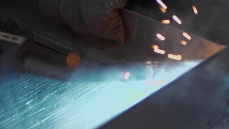Saldatore al lavoro nella carpenteria metallica - costruzione e lavorazione di componenti in acciaio, al rallentatore.