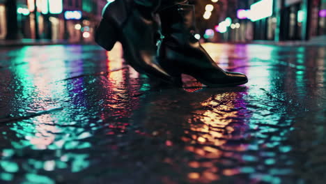 woman in boots on a wet city street at night