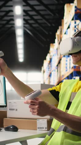 vertical video worker uses a vr headset connected to ai for hands free inventory control