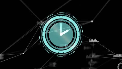 animación de un reloj moviéndose rápidamente a través de una red de conexiones sobre fondo negro