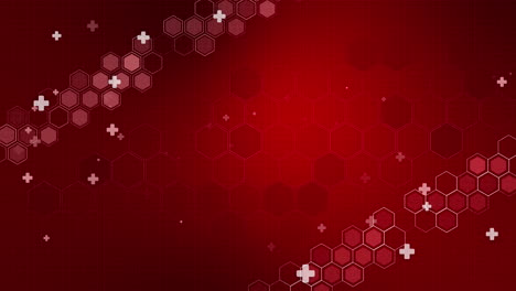 diagonal frame with stripes of hexagons on a red medical background. animated white crosses. looped motion graphics.