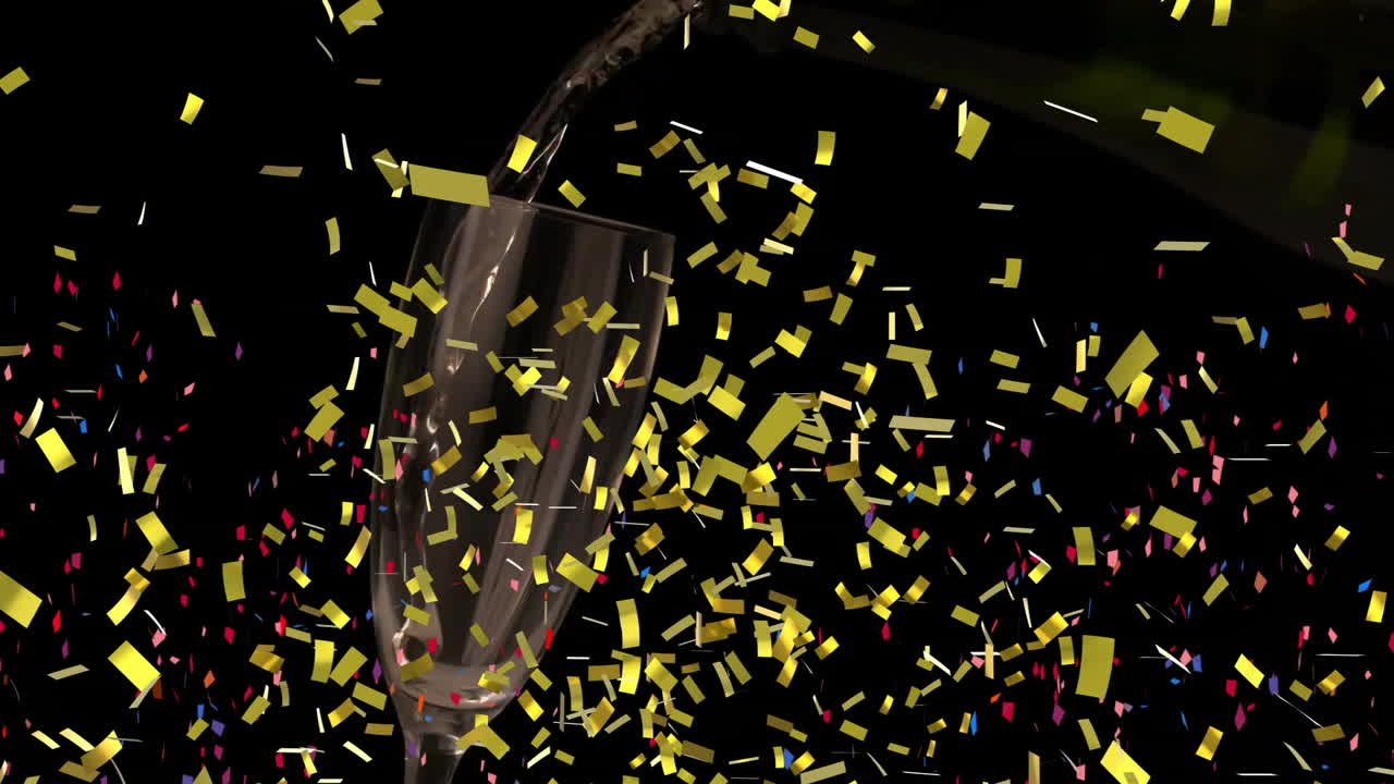 검은 바탕에 노란색 콘페티 애니메이션으로 페인을 유리잔에 부어 넣는 것