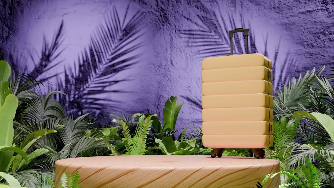 Yellow hard-shell suitcase standing on wooden podium surrounded by tropical plants and purple textured wall. Travel and vacation concept. Design for banner, poster. Studio product display.