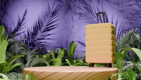 yellow hard-shell suitcase standing on wooden podium surrounded by tropical plants and purple textured wall. travel and vacation concept. design for banner, poster. studio product display.