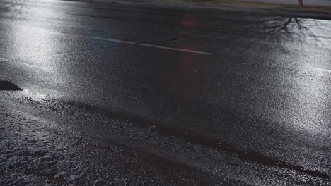 close-up view of a wet road at night, showcasing light reflections on the surface having a tree reflection on the road with a car passing by