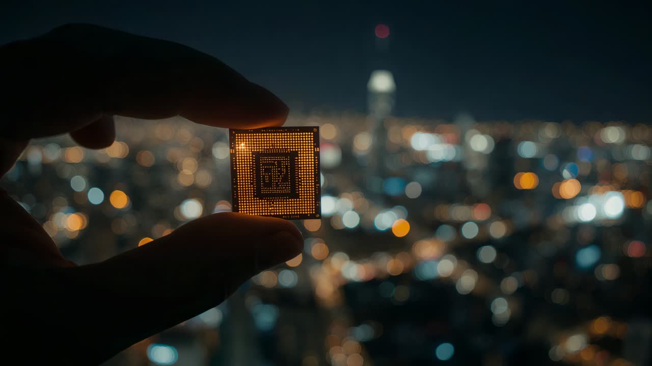 Entering fingers from left gripping, rotating glowing chip at roof, highlighting city tower lights