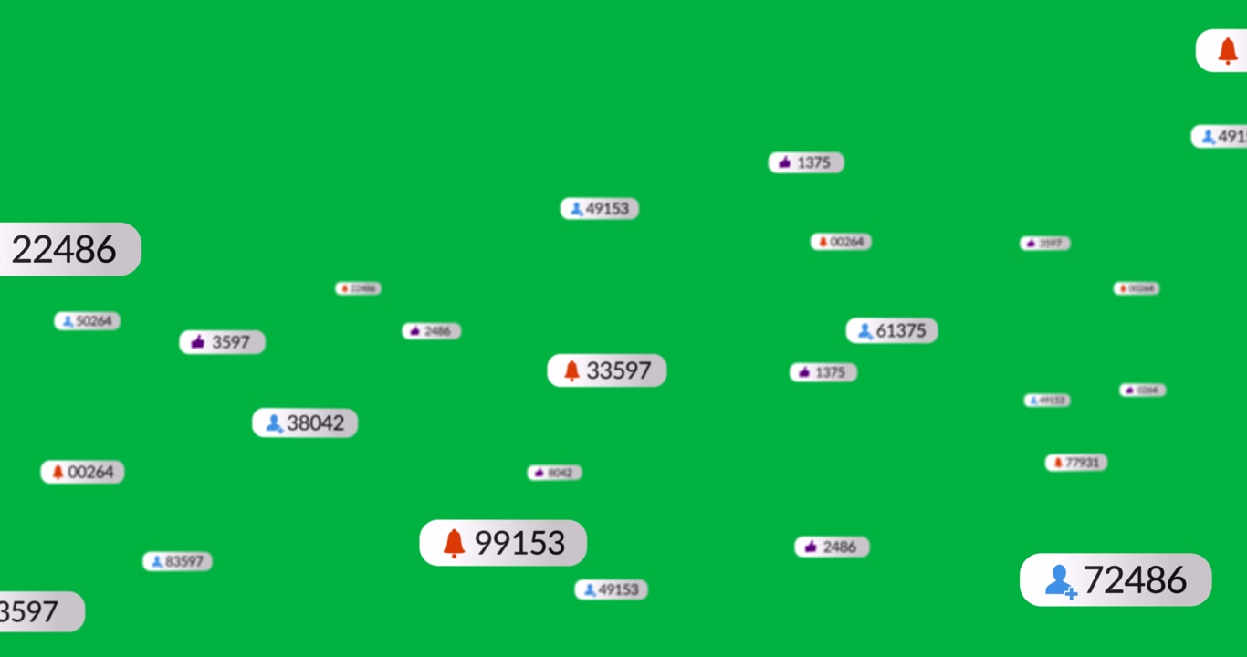 Animation of social media communication icons with numbers on white banners on black background