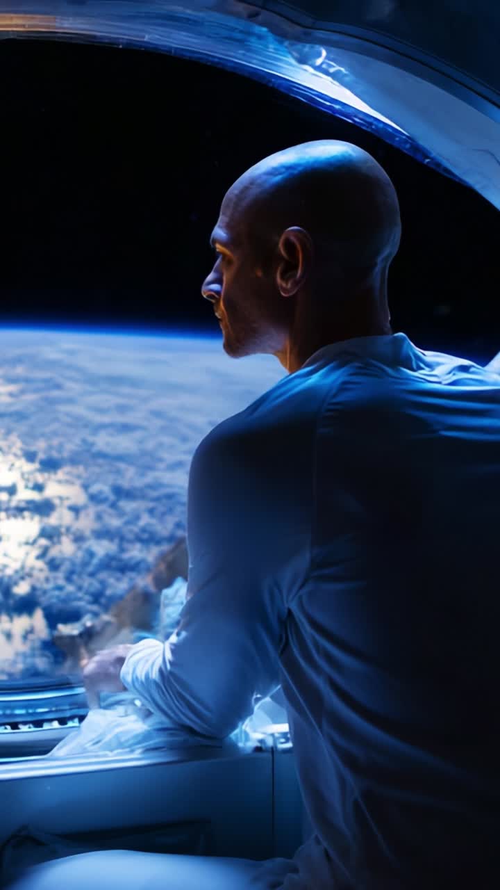 Astronaut gazing at Earth from the window of a spacecraft, contemplating the vastness of space and the beauty of our planet below, immersed in a moment of reflection