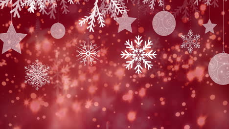 animation of lens flares, leaves, snowflakes, hanging baubles and stars over red background