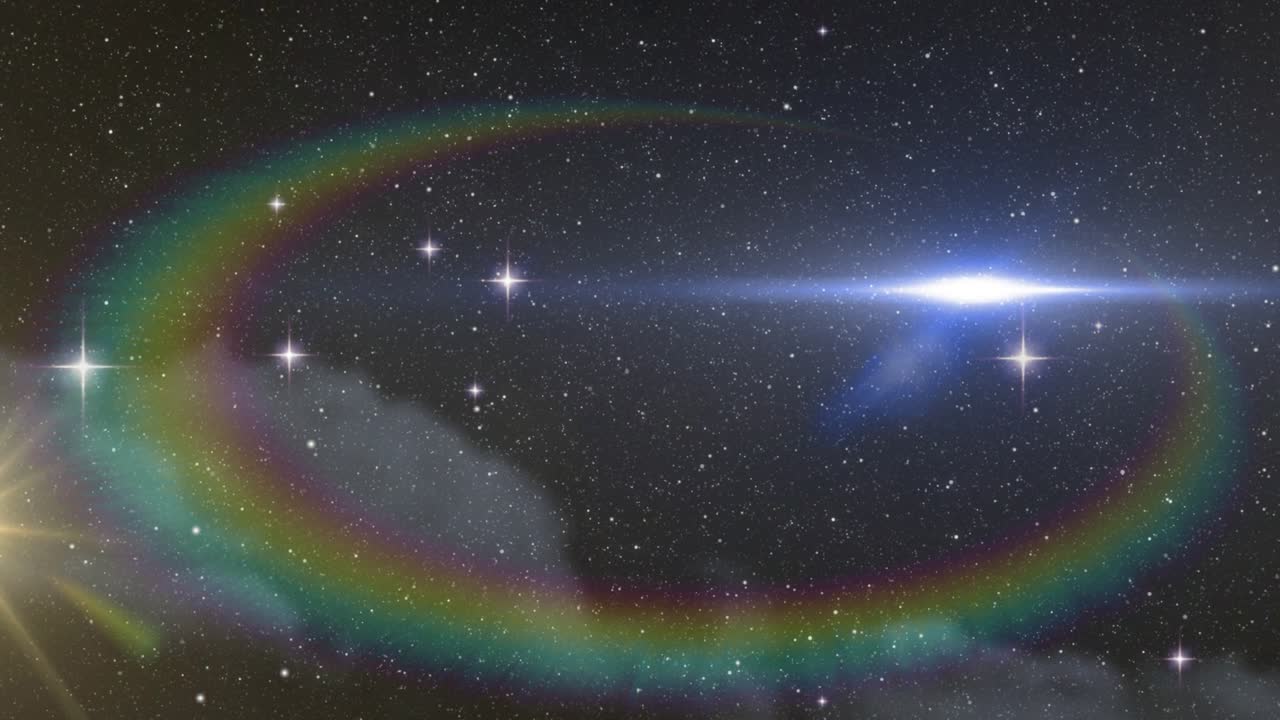 Stars shooting then receding flaring white-blue light, rainbow ring forming encircling star field