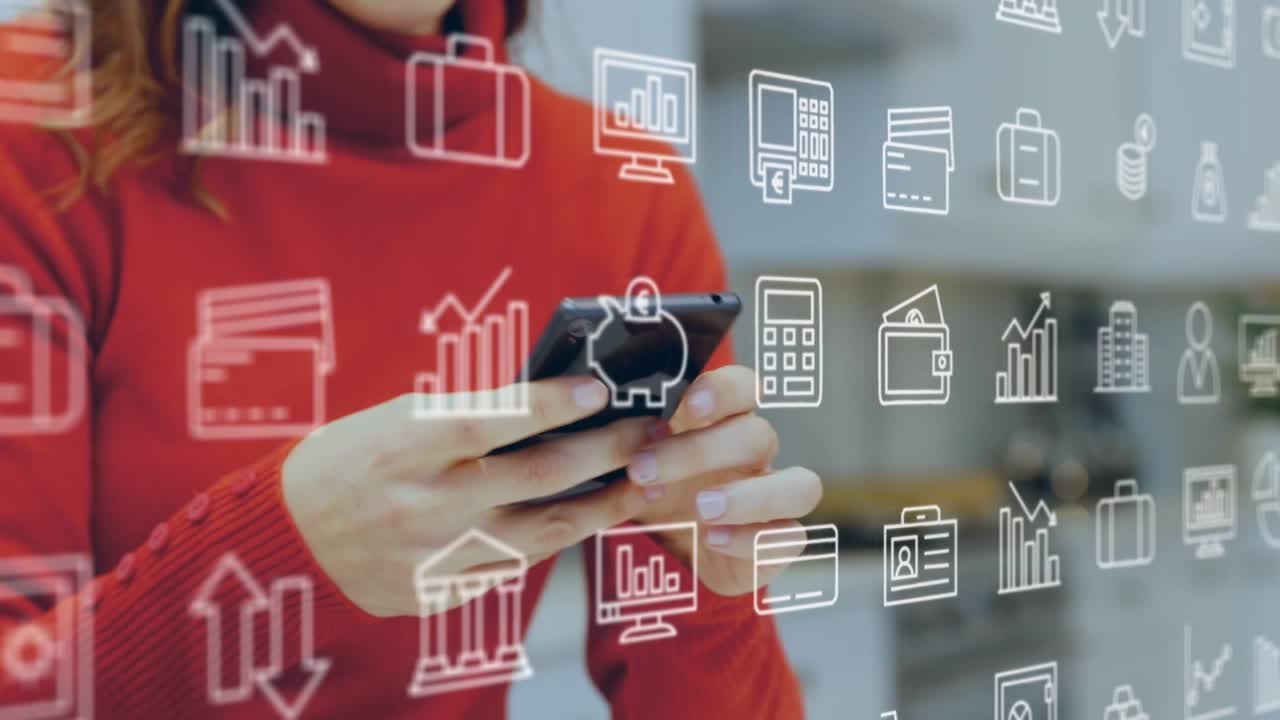 Animation of business icons over caucasian businesswoman using smartphone
