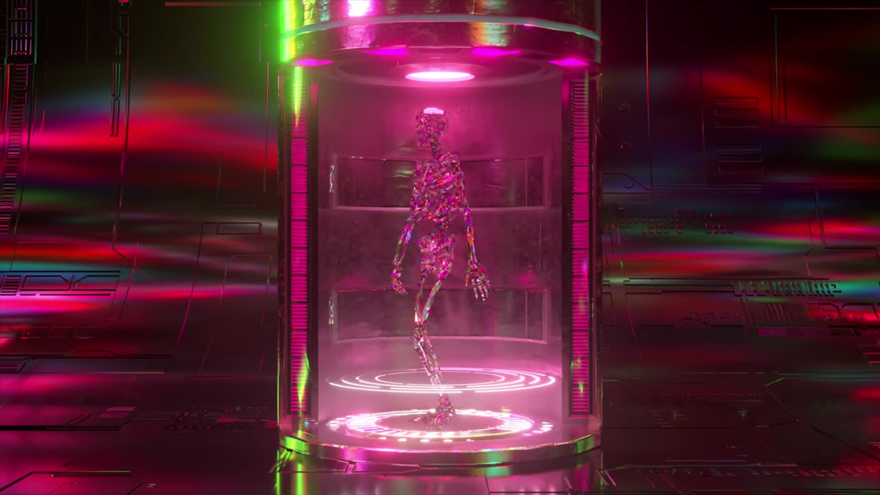 concepto tecnológico. modelo 3d caminante de un esqueleto en el fondo de la tecnología. animación 3d