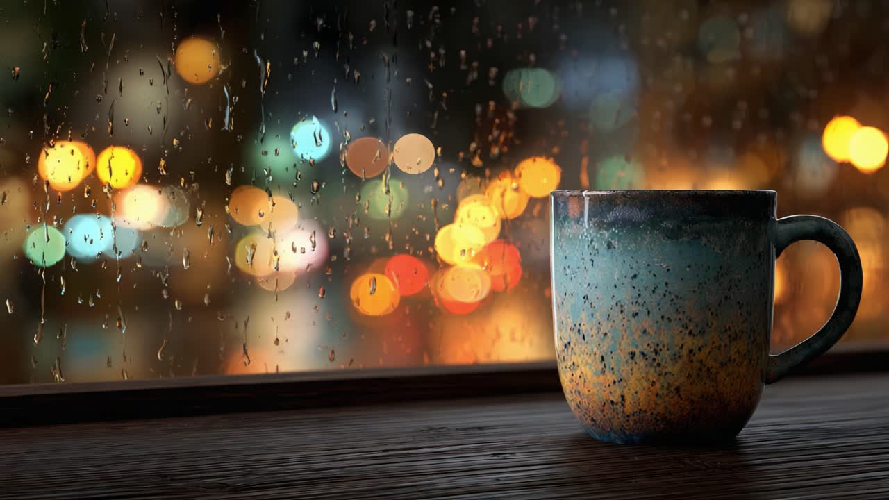 雨の窓越しに捉えられた居心地の良いコーヒータイム。背景にはカラフルなボケライトが、穏やかな夕暮れの雰囲気を際立たせています。