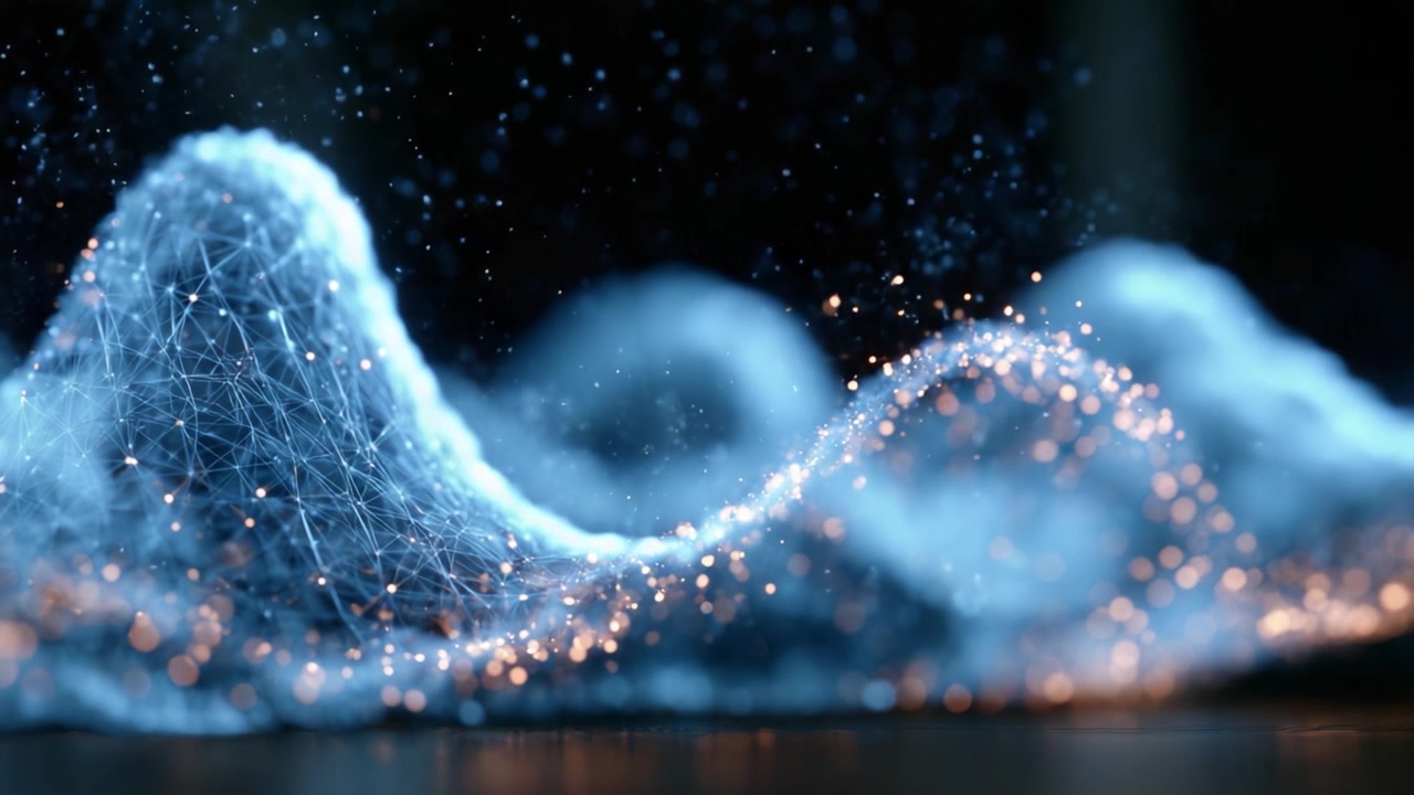 Dynamic Waves of Light and Data: Exploring Fluid Motion in a Digital Landscape with Sparkling Particles and Intricate Network Structures
