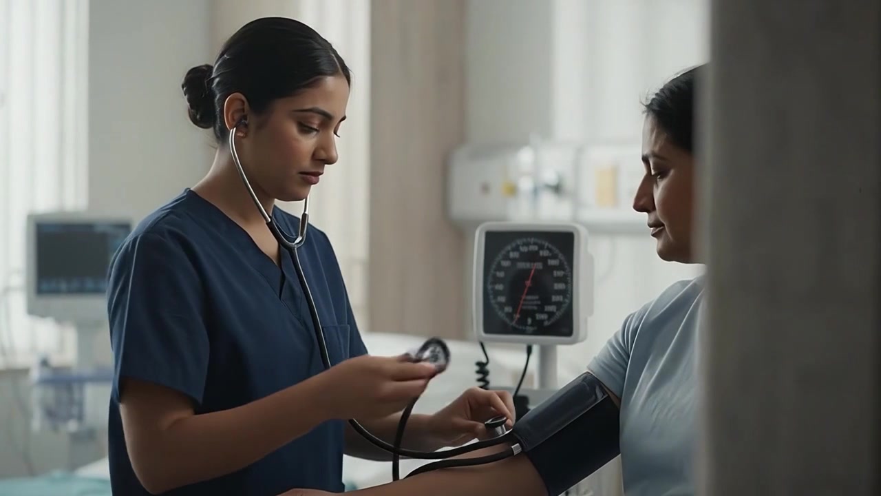 Nurse Measuring Blood Pressure of Patient in Hospital Room