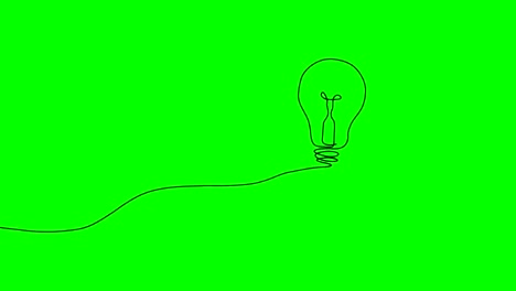 Hand-drawn-style-animation-of-a-light-bulb-lighting-up,-on-green-screen