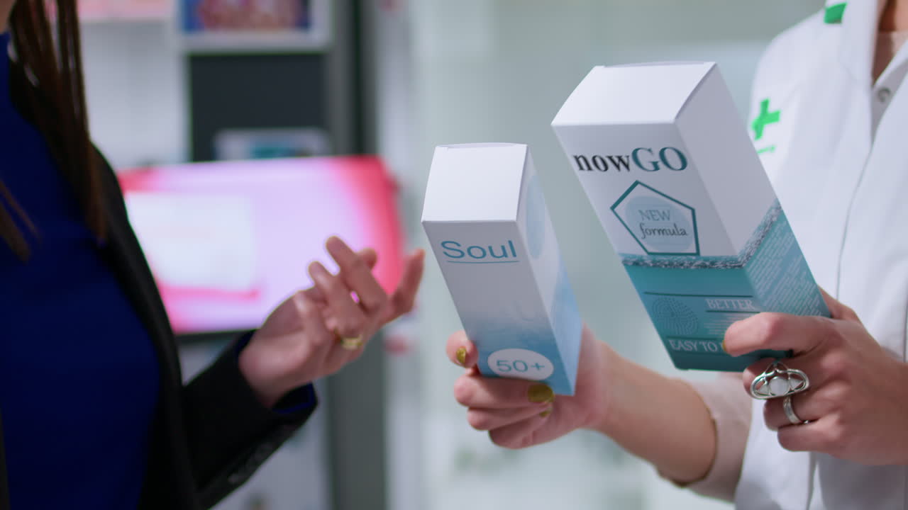 Wellness products in pharmacy, close up