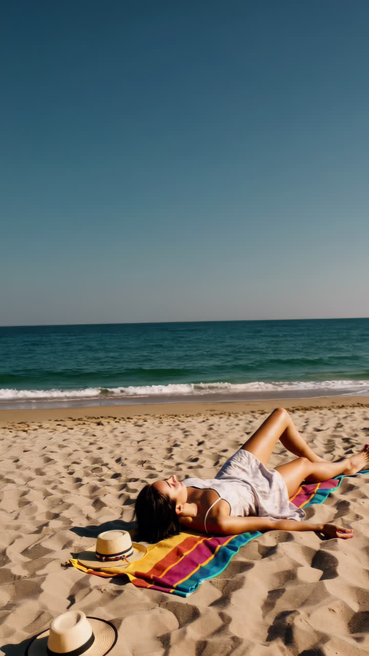 Mujer relajándose sobre una toalla colorida en una playa soleada.
