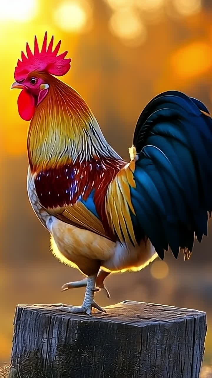Rooster on stump at sunset. A vibrant rooster perches on a wooden stump as the sun sets behind trees, casting a warm glow over the scene.