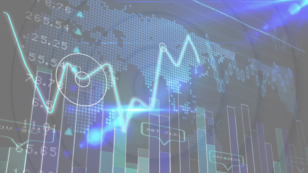 Analyzing global financial data with animation over digital world map background