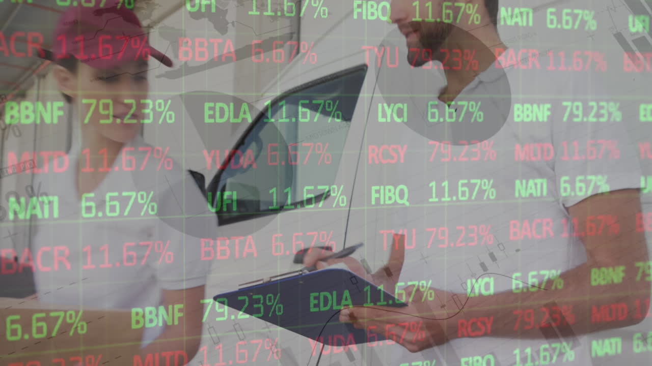 창고 밖에서 클립보드를 들고 있는 배달인에 대한 금융 데이터 처리 애니메이션