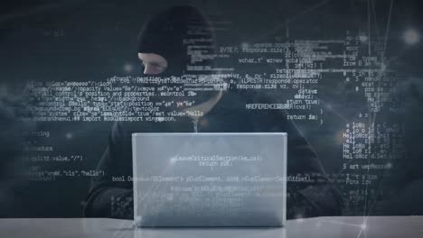 hacker con máscara de esquí escribiendo en el portátil mientras mira a su alrededor nerviosamente