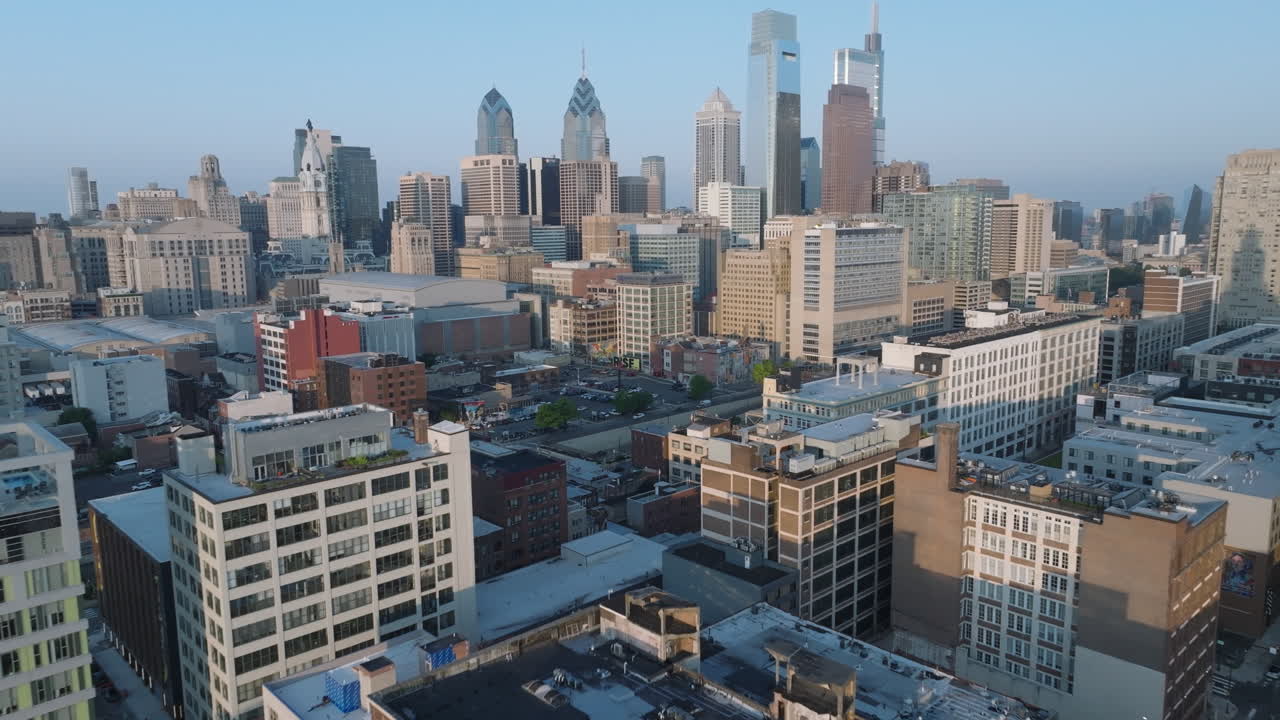 Aerial view of the Philadelphia skyline at sunrise