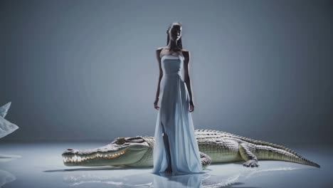 woman in white dress with crocodile