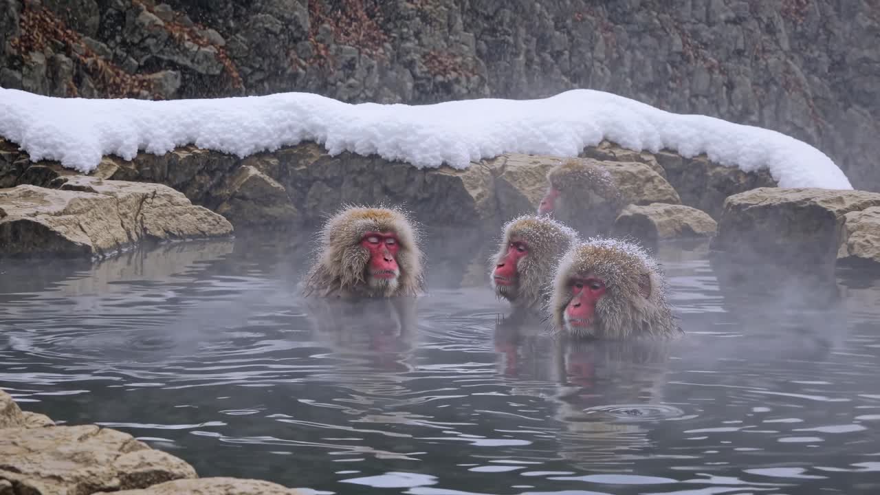 A serene video scene of snow monkeys bathing in a hot spring, captured at eye level