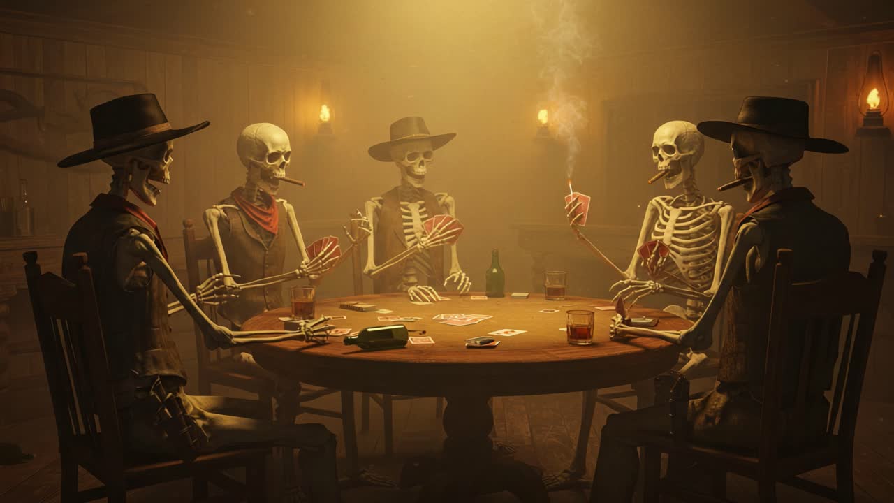 A Spooky Showdown: Skeletons Engaged in a High-Stakes Card Game in a Dimly Lit Western Saloon Setting with Smoke and Shadows Creating a Mystical Atmosphere